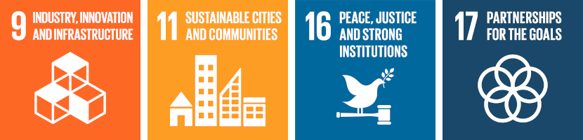 orange and blue graphic listing Sustainable Development Goals 9, 11, 16 and 17